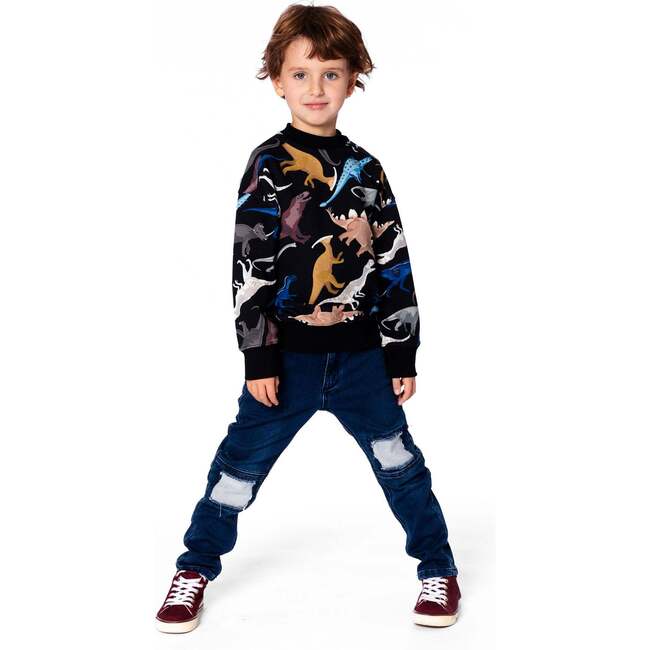 Pullover Fleece Sweatshirt, Black Dinosaur Print - Sweatshirts - 3