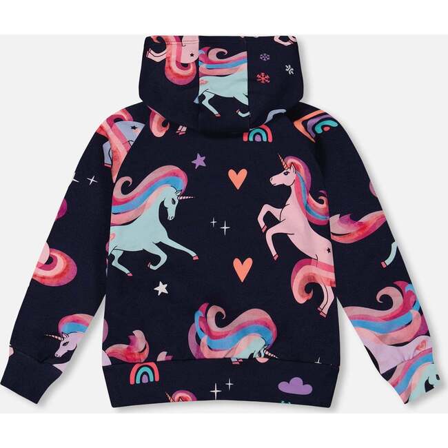 Pullover Fleece Hoodie, Navy Unicorn Print - Sweatshirts - 3
