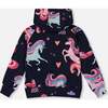 Pullover Fleece Hoodie, Navy Unicorn Print - Sweatshirts - 3