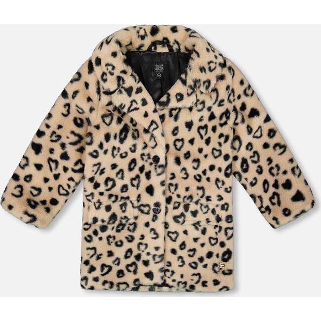 Printed Fake Fur Long Coat Leopard, Black and Beige