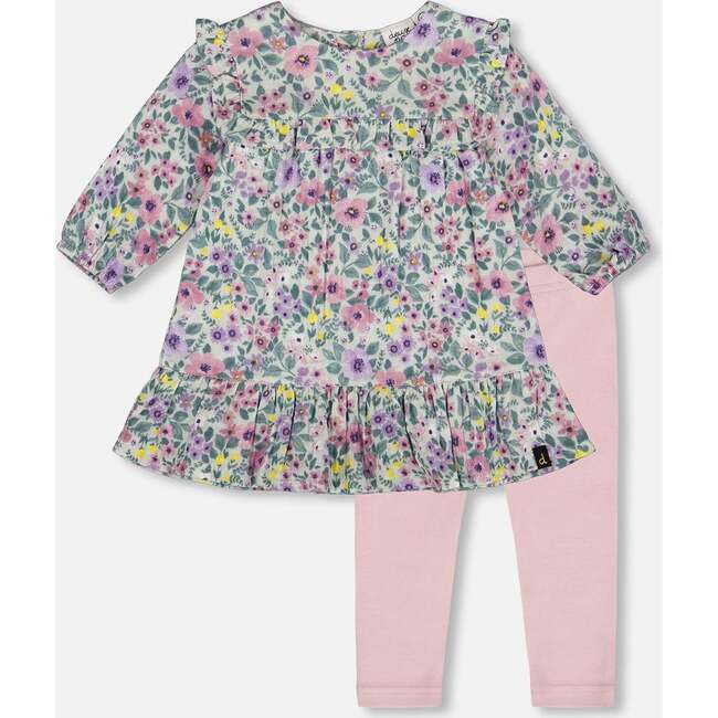 Printed Muslin Dress and Solid Leggings Set, Sage Floral