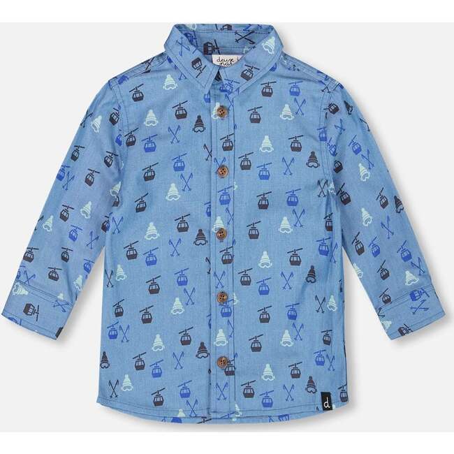 Printed Long Sleeve Button Front Chambray Shirt, Blue