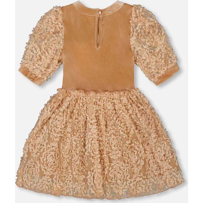 Puff Sleeve Bi-Material Velour and Lace Dress, Light Caramel - Dresses - 2