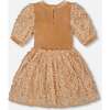 Puff Sleeve Bi-Material Velour and Lace Dress, Light Caramel - Dresses - 2