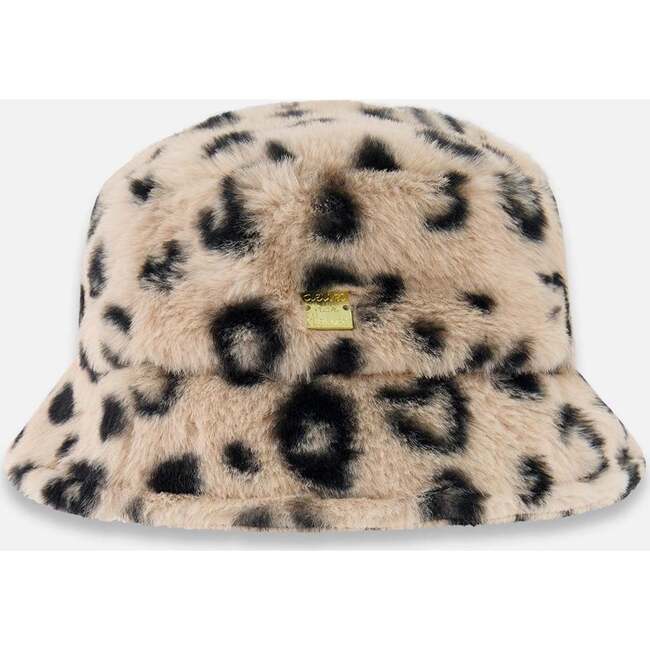 Printed Fake Fur Bucket Hat, Black and Beige