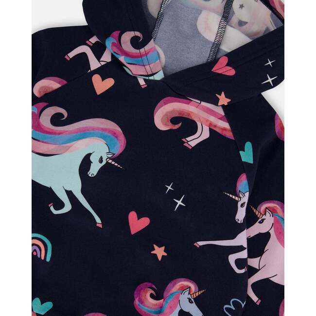 Pullover Fleece Hoodie, Navy Unicorn Print - Sweatshirts - 4