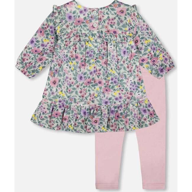 Printed Muslin Dress and Solid Leggings Set, Sage Floral - Dresses - 3