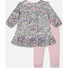 Printed Muslin Dress and Solid Leggings Set, Sage Floral - Dresses - 3