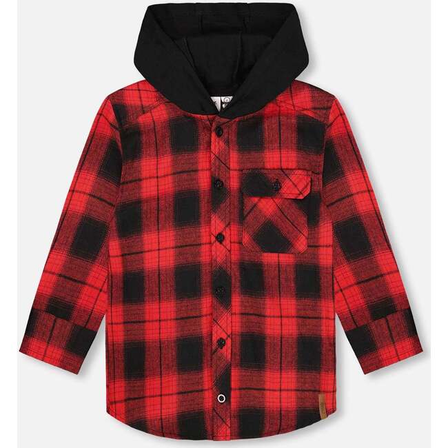 Plaid Flannel Shirt with Hoodie Red and Black, Red & Black Plaid