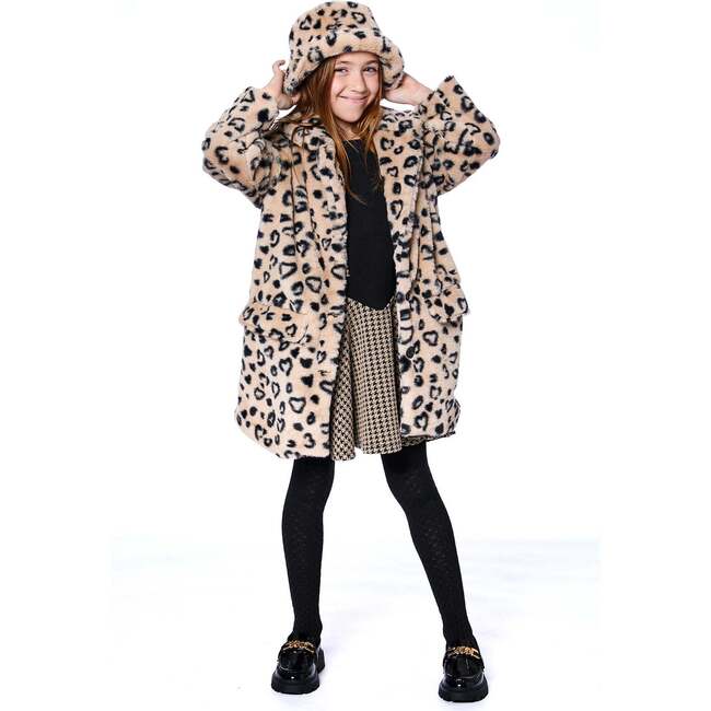 Printed Fake Fur Long Coat Leopard, Black and Beige - Jackets - 4