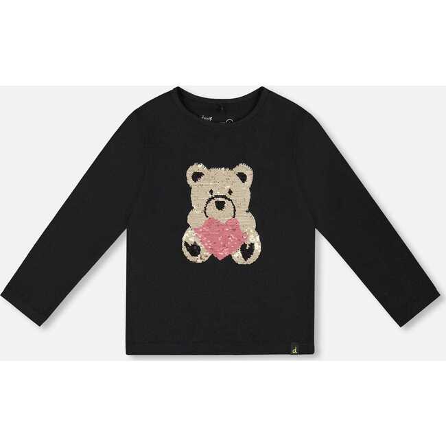 Organic Cotton T-Shirt with Reversible Sequin Teddy Bear, Black - T-Shirts - 1