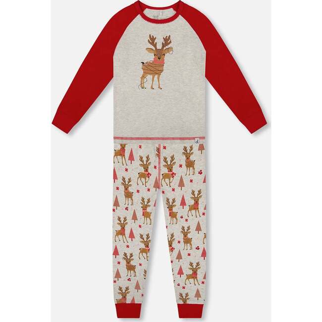 Organic Cotton Two-Piece Pajamas, Beige Girly Reindeer Print