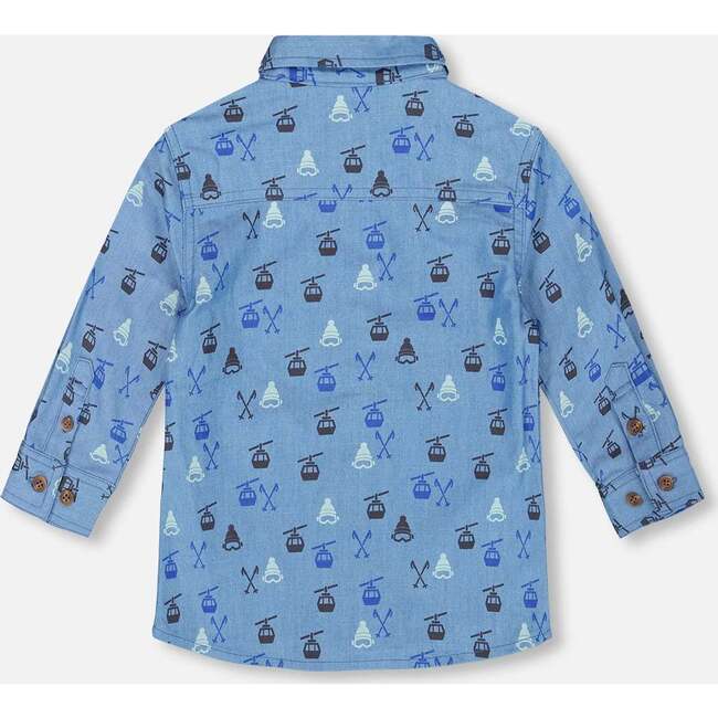 Printed Long Sleeve Button Front Chambray Shirt, Blue - Sweatshirts - 4