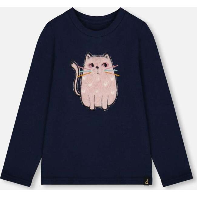 Organic Cotton T-Shirt with Cat, Dark Blue
