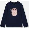 Organic Cotton T-Shirt with Cat, Dark Blue - T-Shirts - 1 - thumbnail