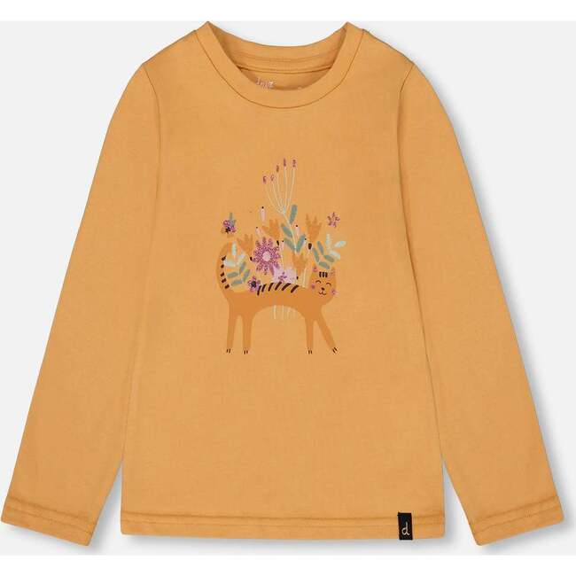 Organic Cotton T-Shirt with Cat, Golden Yellow