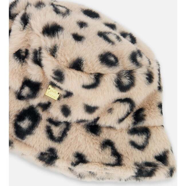Printed Fake Fur Bucket Hat, Black and Beige - Winter Hats - 4