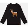Organic Cotton T-Shirt with Boucle Deer Applique, Black - T-Shirts - 1 - thumbnail