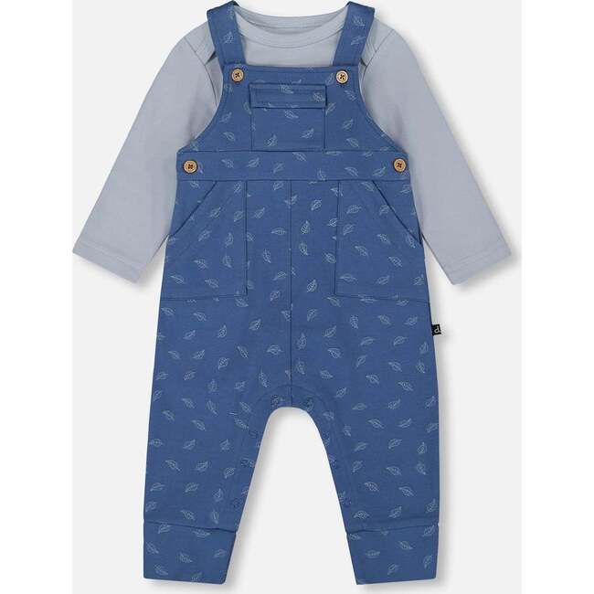 Organic Cotton Onesie and Overalls Set, Blue Leaf Print
