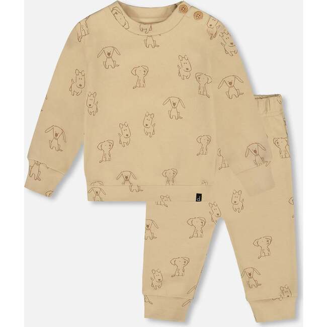 Organic Cotton Pant and Top Set Beige Printed Dogs, Beige Dog Print