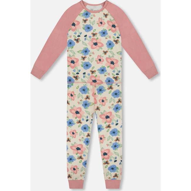 Organic Cotton Two-Piece Pajamas, Off-White Flower Print