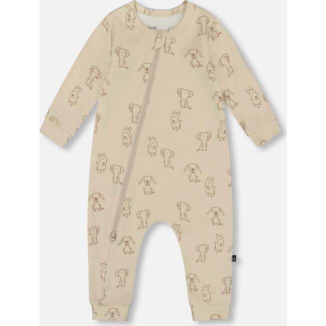 Organic Cotton Zipped Romper, Beige Puppy Print