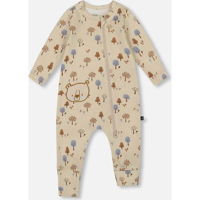 Organic Cotton Zipped Romper, Beige Tree Print