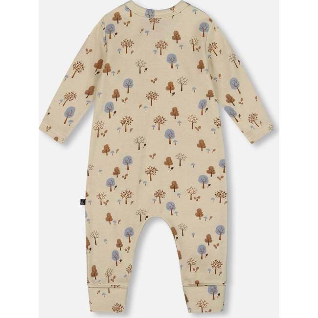 Organic Cotton Zipped Romper, Beige Tree Print - Rompers - 2