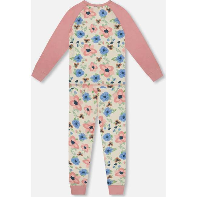 Organic Cotton Two-Piece Pajamas, Off-White Flower Print - Pajamas - 3