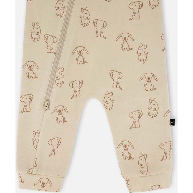 Organic Cotton Zipped Romper, Beige Puppy Print - Rompers - 3