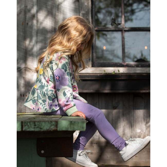 Organic Cotton Jersey Leggings with Floral Detail, Purple Gray - Leggings - 2