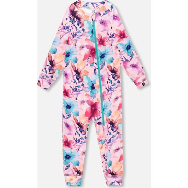 One-Piece Thermal Underwear, Pink Watercolor Flower Print