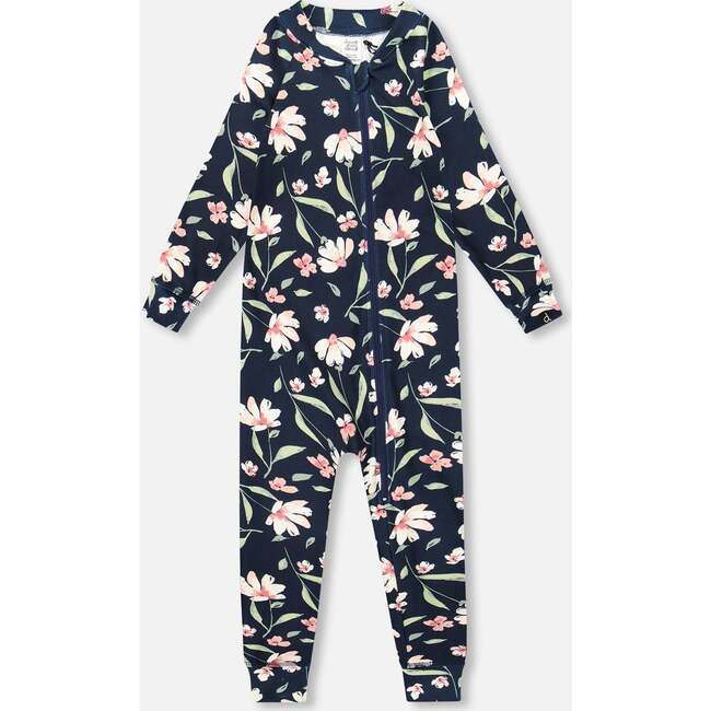 One-Piece Thermal Underwear, Navy Flower Print