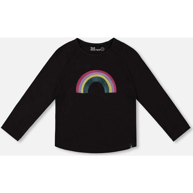 Organic Cotton Long Sleeve T-Shirt with Sequin Rainbow, Black