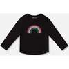 Organic Cotton Long Sleeve T-Shirt with Sequin Rainbow, Black - T-Shirts - 1 - thumbnail