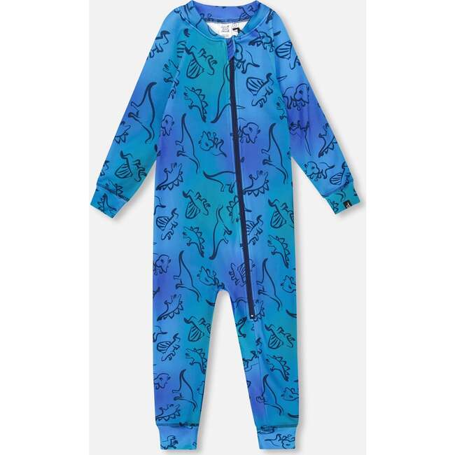 One-Piece Thermal Underwear, Blue Gradient Dinosaur Print