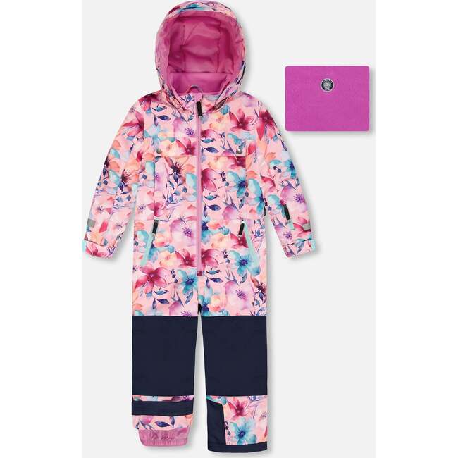 One-Piece Teknik Snowsuit, Pink Watercolor Flower Print