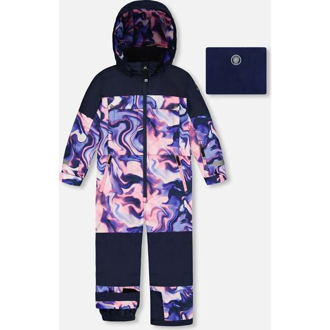 One-Piece Teknik Snowsuit, Pink and Blue Marble