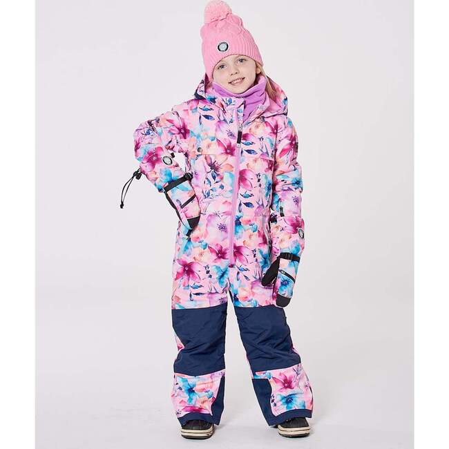 One-Piece Teknik Snowsuit, Pink Watercolor Flower Print - Snowsuits - 2