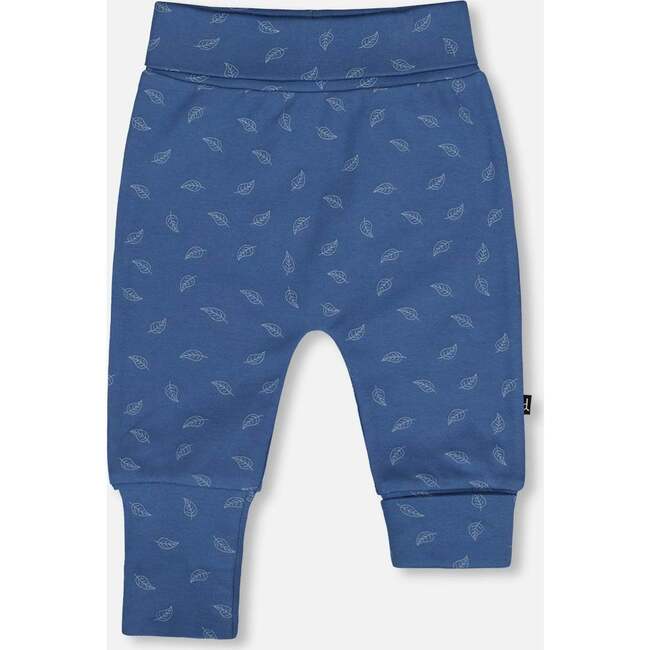 Organic Cotton Evolutive Pants Blue Printed Leaves, Blue Leaf Print