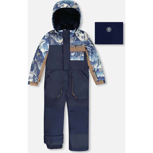 One-Piece Play Snowsuit with Mountains Print, Navy Blue