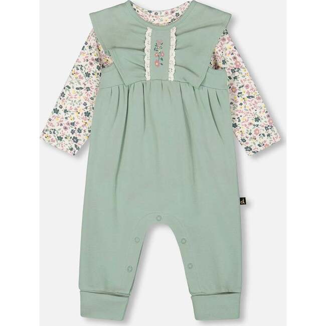 Organic Cotton Bodysuit and Sleeveless Overalls Set, Jade Green