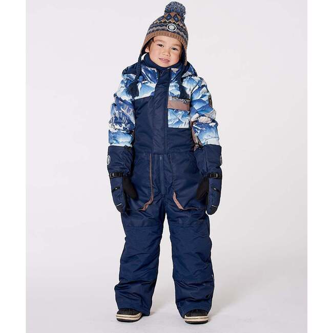 One-Piece Play Snowsuit with Mountains Print, Navy Blue - Snowsuits - 2