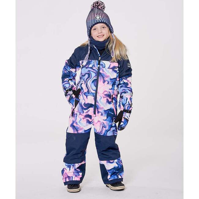 One-Piece Teknik Snowsuit, Pink and Blue Marble - Snowsuits - 4