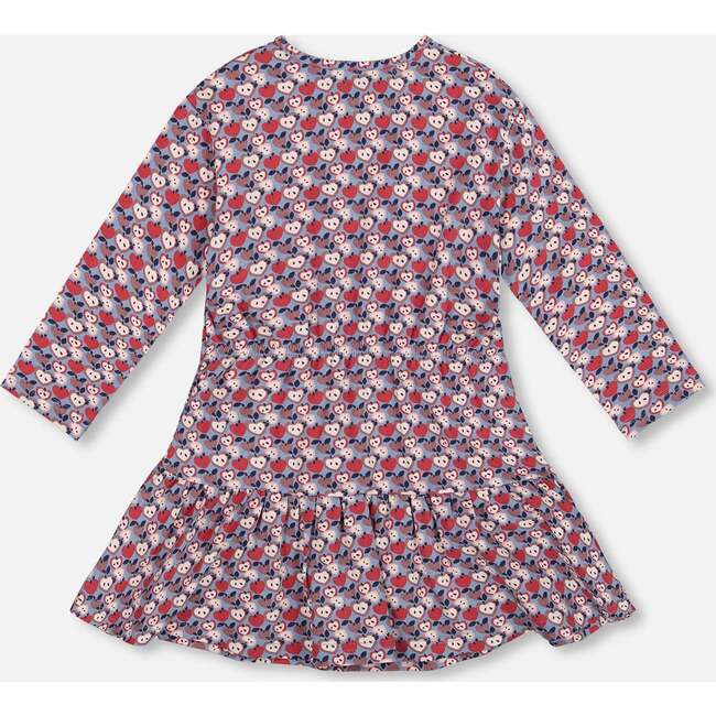 Organic Cotton Dress with Flounce Hem, Blue Apple Print - Dresses - 3