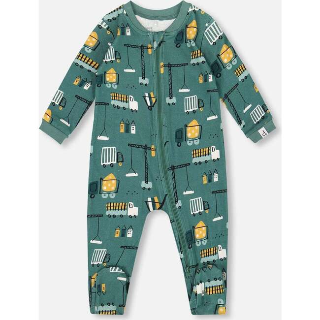 One-Piece Organic Cotton Pajama, Teal Construction Print