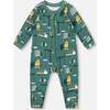 One-Piece Organic Cotton Pajama, Teal Construction Print - Pajamas - 1 - thumbnail