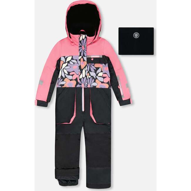 One-Piece Play Snowsuit, Black Retro Flower Print