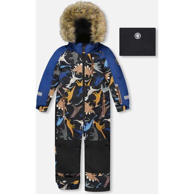 One-Piece Play Snowsuit, Black Dinosaur Print