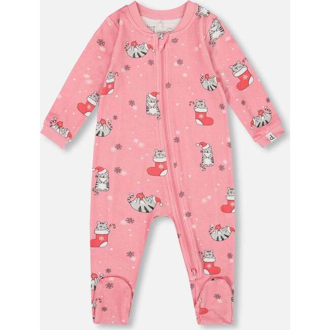 One-Piece Organic Cotton Pajama, Pink Cat Print